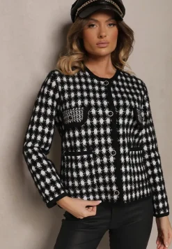 Czarny Wiskozowy Kardigan Ozdobiony Wzorem w Pepitkę i Guzikami Saveri