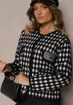 Czarny Wiskozowy Kardigan Ozdobiony Wzorem w Pepitkę i Guzikami Saveri