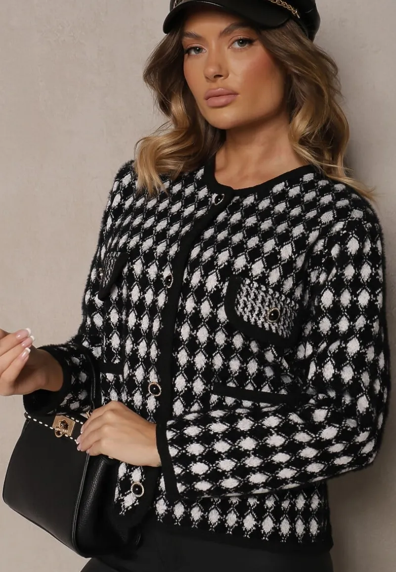 Czarny Wiskozowy Kardigan Ozdobiony Wzorem w Pepitkę i Guzikami Saveri