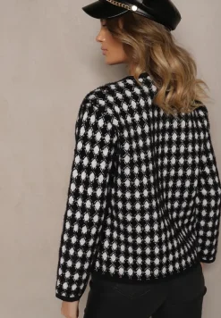 Czarny Wiskozowy Kardigan Ozdobiony Wzorem w Pepitkę i Guzikami Saveri