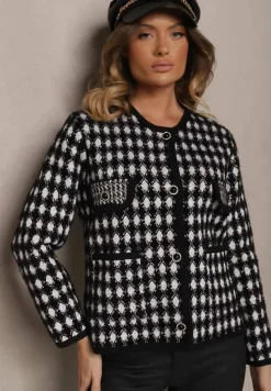 Czarny Wiskozowy Kardigan Ozdobiony Wzorem w Pepitkę i Guzikami Saveri