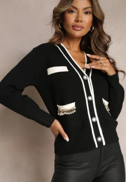 Czarny Wiskozowy Kardigan z Łańcuszkami i Perłami Molito