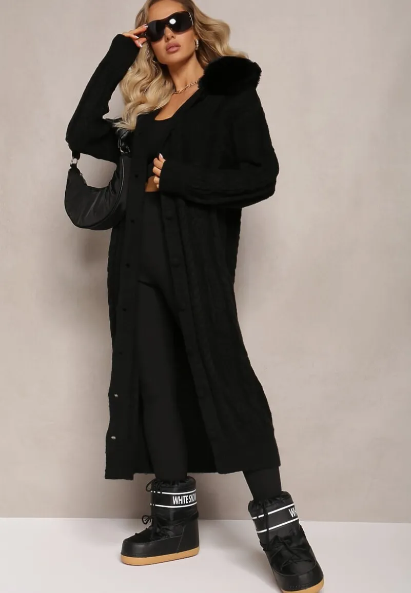 Czarny Wiskozowy Kardigan w Warkoczykowy Splot z Futrzanym Kołnierzem Nirossa