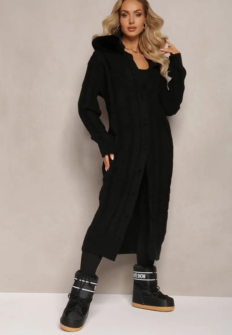 Czarny Wiskozowy Kardigan w Warkoczykowy Splot z Futrzanym Kołnierzem Nirossa