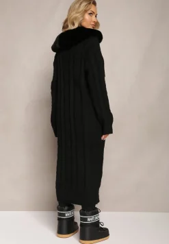 Czarny Wiskozowy Kardigan w Warkoczykowy Splot z Futrzanym Kołnierzem Nirossa