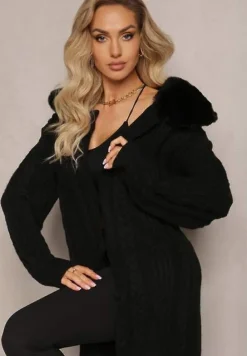 Czarny Wiskozowy Kardigan w Warkoczykowy Splot z Futrzanym Kołnierzem Nirossa