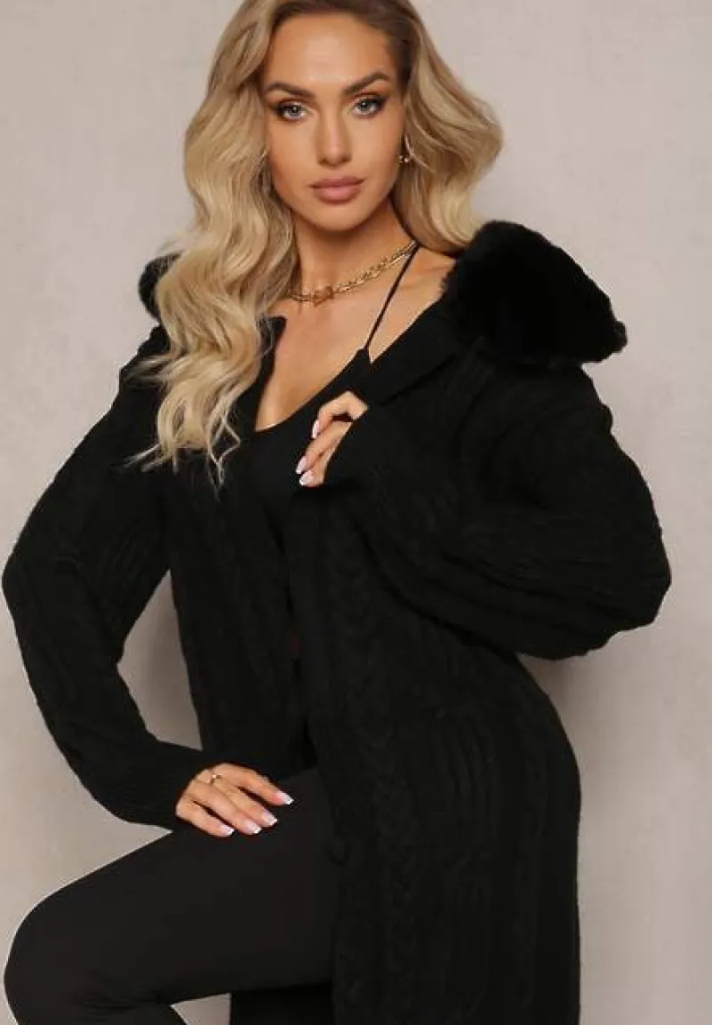 Czarny Wiskozowy Kardigan w Warkoczykowy Splot z Futrzanym Kołnierzem Nirossa