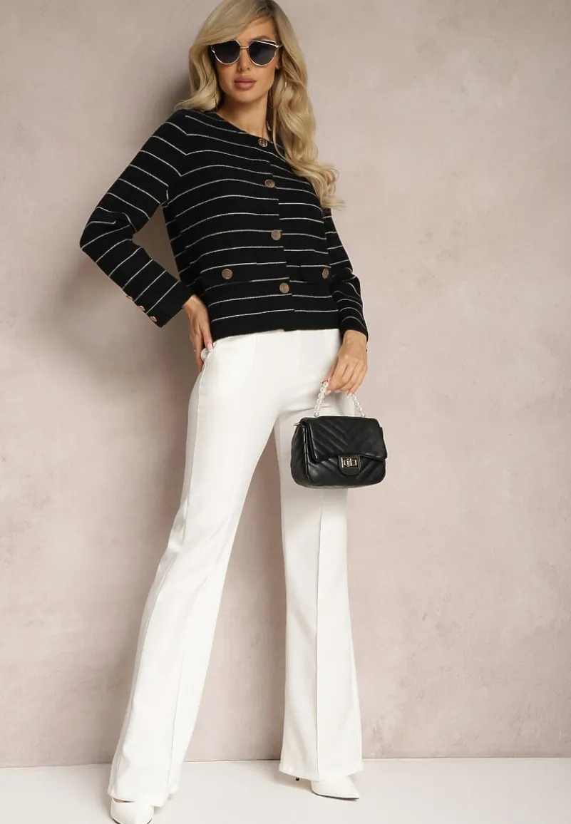 Czarny Wiskozowy Kardigan na Guziki w Paski Olessta