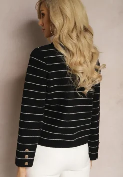 Czarny Wiskozowy Kardigan na Guziki w Paski Olessta