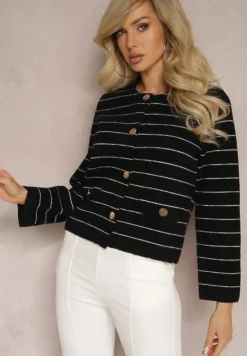 Czarny Wiskozowy Kardigan na Guziki w Paski Olessta