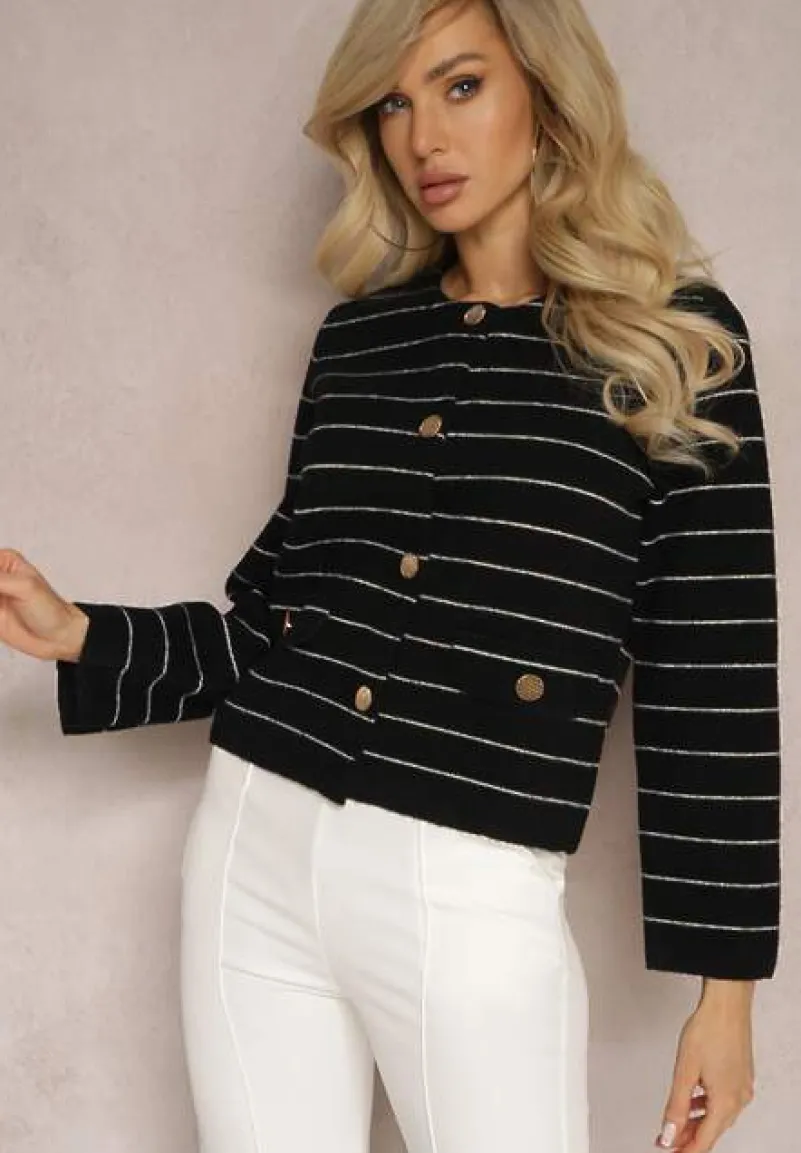 Czarny Wiskozowy Kardigan na Guziki w Paski Olessta