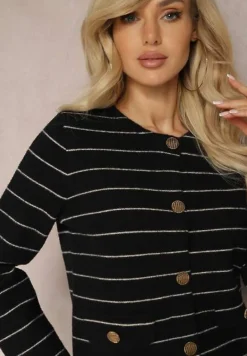 Czarny Wiskozowy Kardigan na Guziki w Paski Olessta