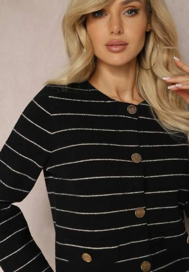 Czarny Wiskozowy Kardigan na Guziki w Paski Olessta