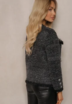 Czarny Wiskozowy Kardigan z Metaliczną Nicią z Frędzlami i Ozdobnymi Guzikami Alamir