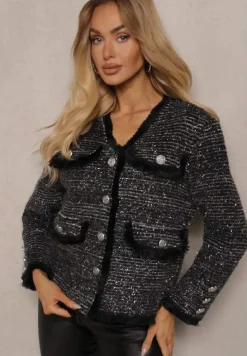Czarny Wiskozowy Kardigan z Metaliczną Nicią z Frędzlami i Ozdobnymi Guzikami Alamir