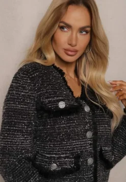 Czarny Wiskozowy Kardigan z Metaliczną Nicią z Frędzlami i Ozdobnymi Guzikami Alamir