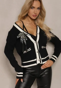 Czarny Wiskozowy Kardigan z Broszkową Kokardką i Kontrastowymi Lamówkami Graphia