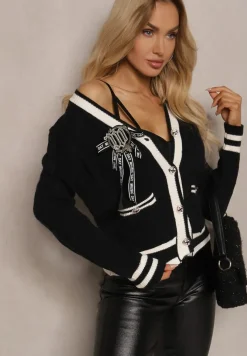 Czarny Wiskozowy Kardigan z Broszkową Kokardką i Kontrastowymi Lamówkami Graphia