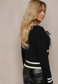 Czarny Wiskozowy Kardigan z Broszkową Kokardką i Kontrastowymi Lamówkami Graphia