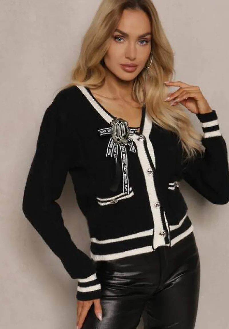 Czarny Wiskozowy Kardigan z Broszkową Kokardką i Kontrastowymi Lamówkami Graphia