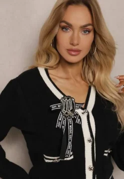 Czarny Wiskozowy Kardigan z Broszkową Kokardką i Kontrastowymi Lamówkami Graphia