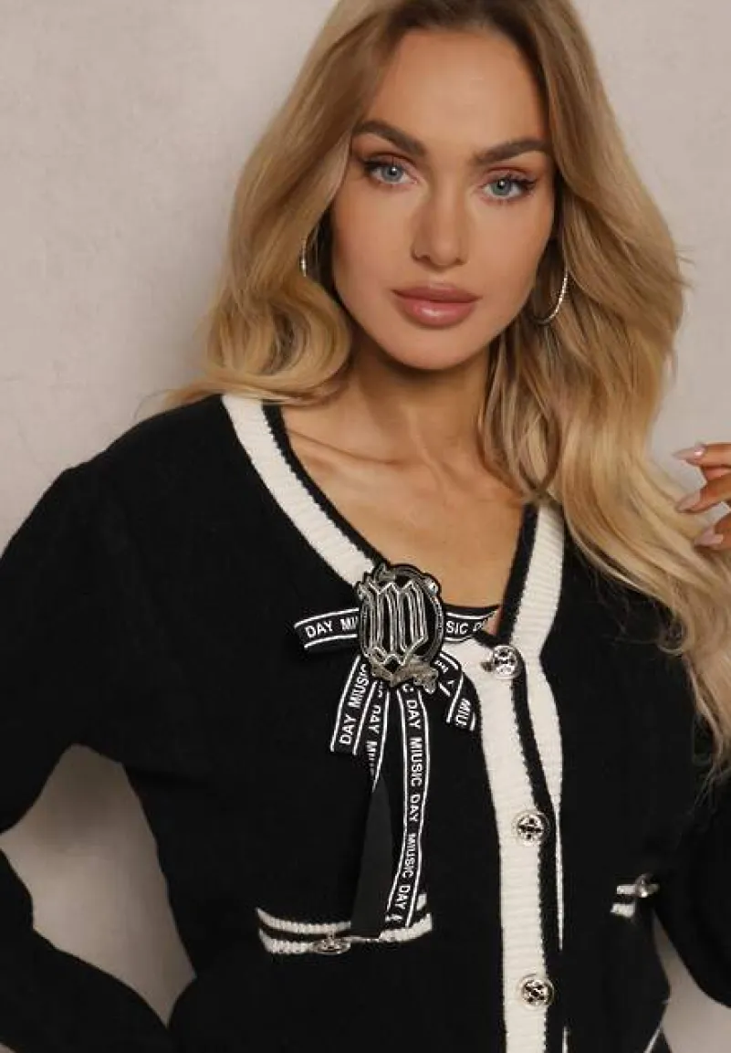 Czarny Wiskozowy Kardigan z Broszkową Kokardką i Kontrastowymi Lamówkami Graphia