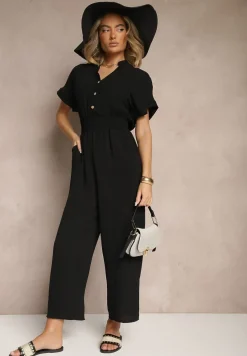 Czarny Wiskozowy Kombinezon z Dekoltem w Serek Zapinany na Guziki Anisora