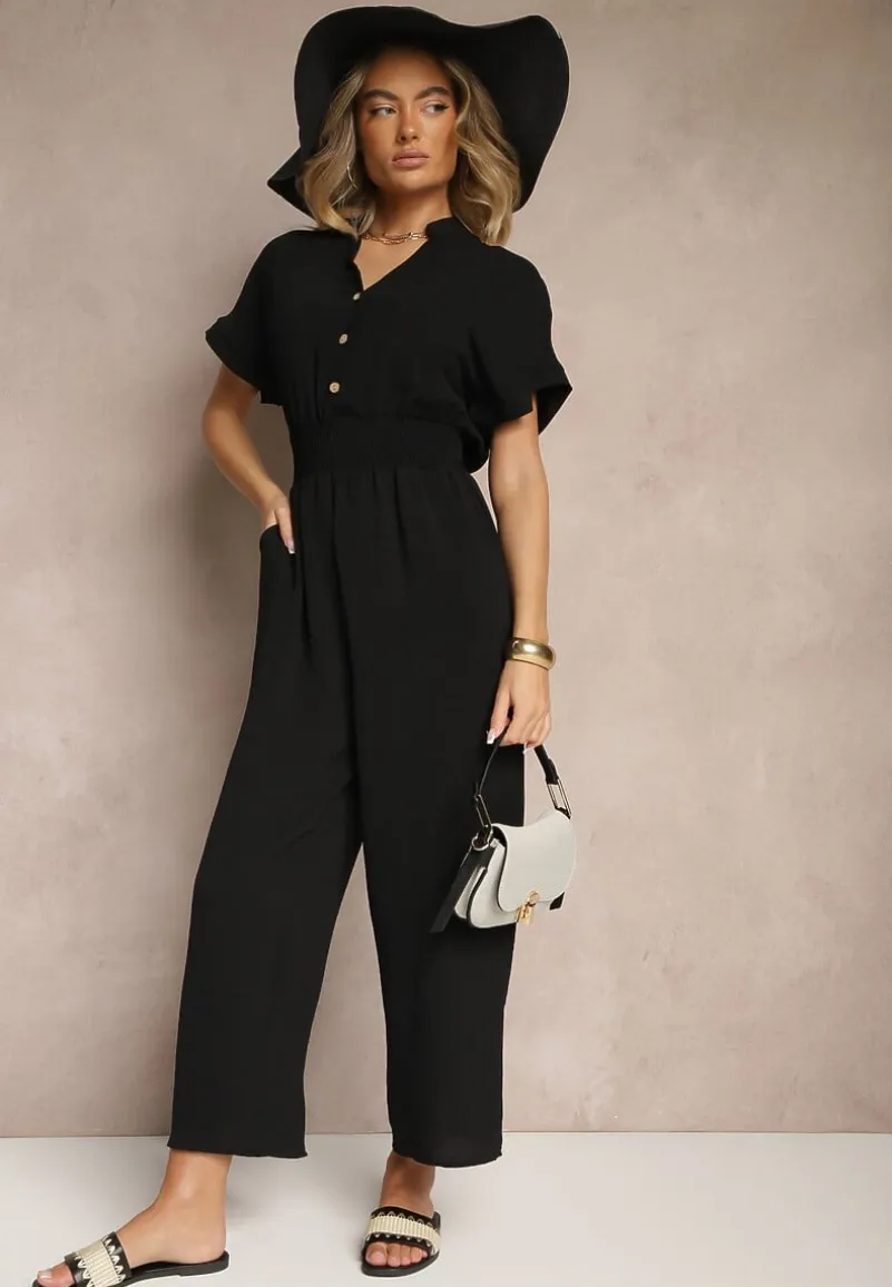 Czarny Wiskozowy Kombinezon z Dekoltem w Serek Zapinany na Guziki Anisora