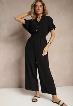 Czarny Wiskozowy Kombinezon z Dekoltem w Serek Zapinany na Guziki Anisora