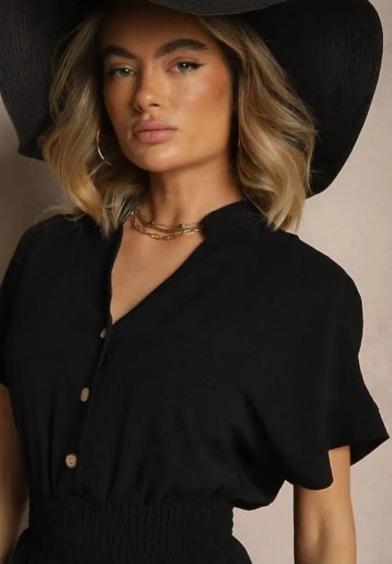 Czarny Wiskozowy Kombinezon z Dekoltem w Serek Zapinany na Guziki Anisora