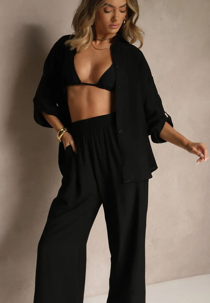 Czarny Wiskozowy Komplet o Luźnym Kroju z Koszulą i Spodniami Sesorilia