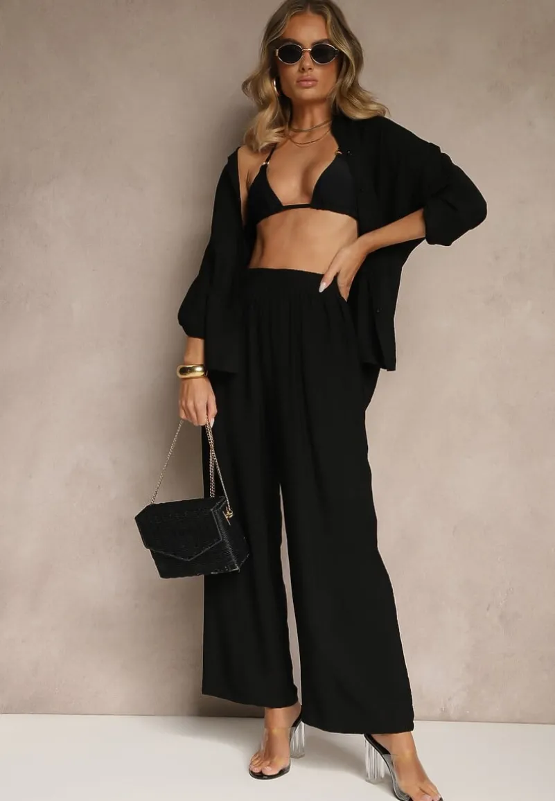 Czarny Wiskozowy Komplet o Luźnym Kroju z Koszulą i Spodniami Sesorilia