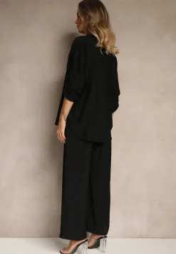 Czarny Wiskozowy Komplet o Luźnym Kroju z Koszulą i Spodniami Sesorilia
