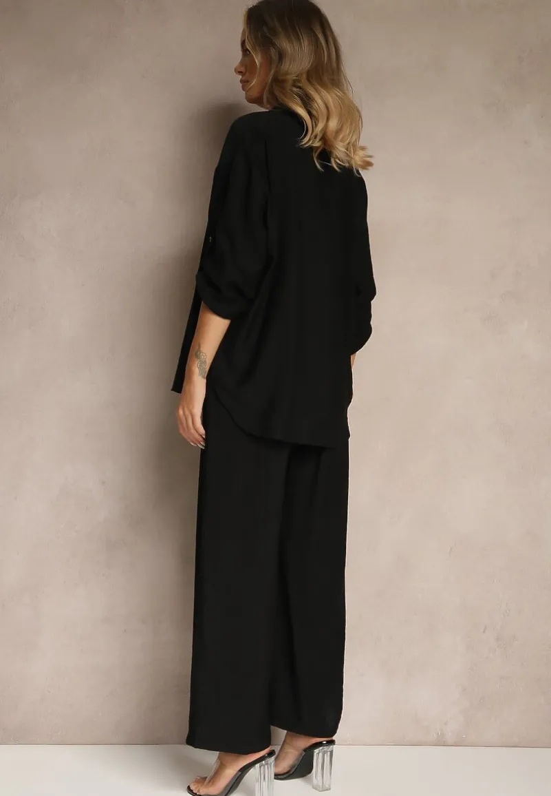 Czarny Wiskozowy Komplet o Luźnym Kroju z Koszulą i Spodniami Sesorilia