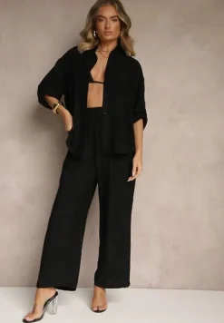 Czarny Wiskozowy Komplet o Luźnym Kroju z Koszulą i Spodniami Sesorilia