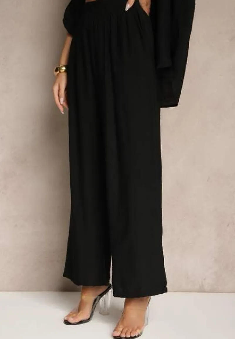 Czarny Wiskozowy Komplet o Luźnym Kroju z Koszulą i Spodniami Sesorilia