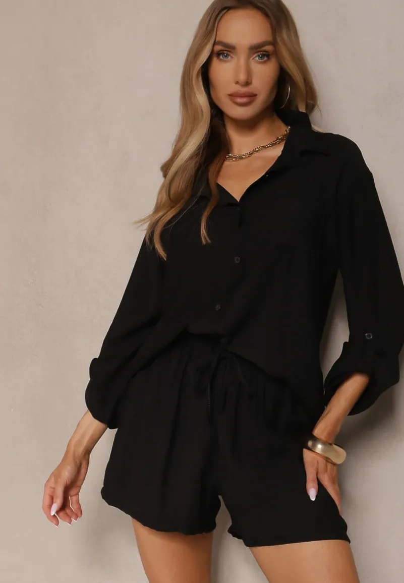 Czarny Wiskozowy Komplet Koszula i Szorty Luźne Efrone