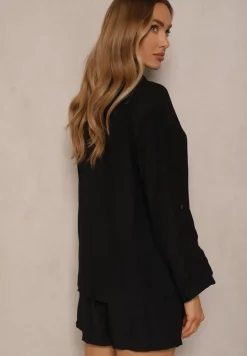 Czarny Wiskozowy Komplet Koszula i Szorty Luźne Efrone