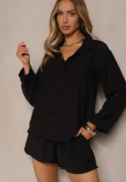 Czarny Wiskozowy Komplet Koszula i Szorty Luźne Efrone