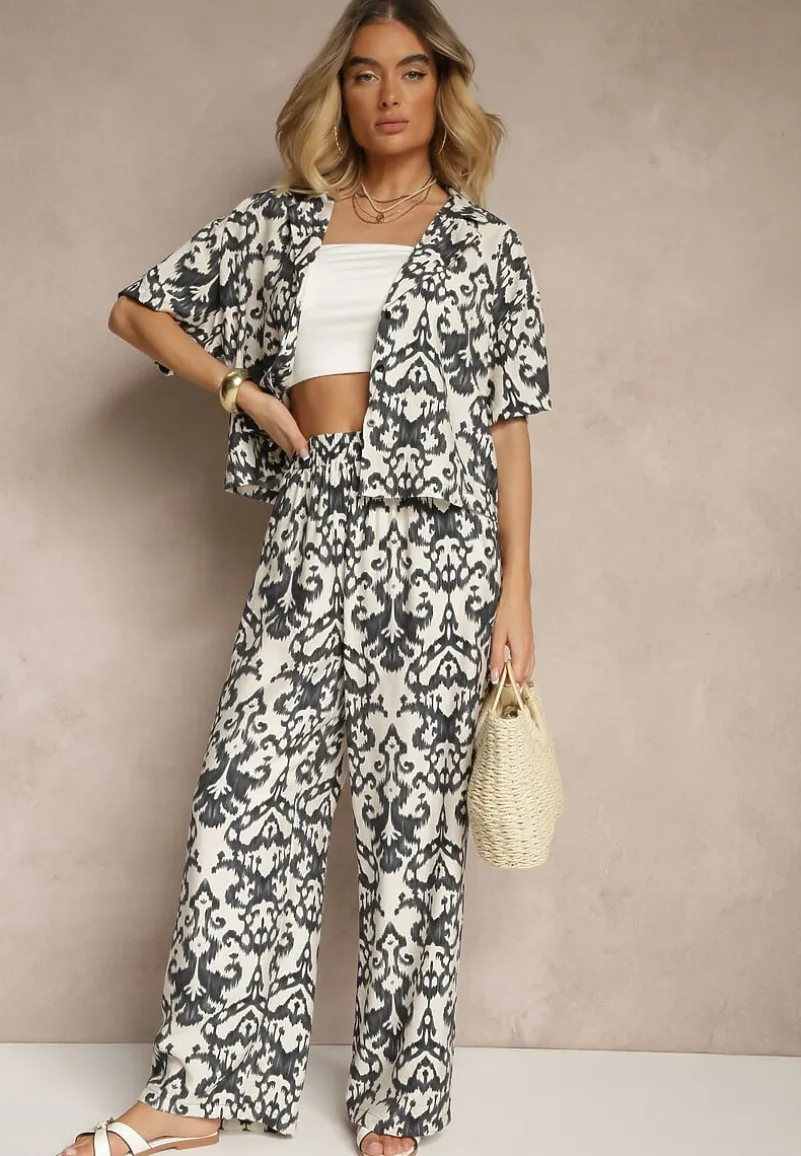 Czarny Wiskozowy Komplet w Ornamentalny Print Koszula i Szerokie Spodnie Sarilsa