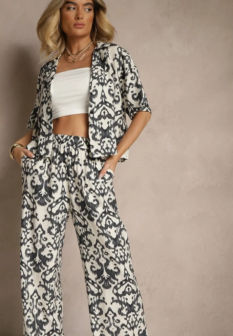 Czarny Wiskozowy Komplet w Ornamentalny Print Koszula i Szerokie Spodnie Sarilsa