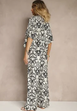 Czarny Wiskozowy Komplet w Ornamentalny Print Koszula i Szerokie Spodnie Sarilsa