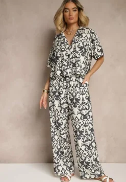 Czarny Wiskozowy Komplet w Ornamentalny Print Koszula i Szerokie Spodnie Sarilsa
