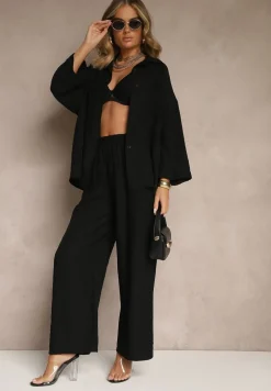 Czarny Wiskozowy Komplet Oversize Koszula i Spodnie Wide Leg Zierana