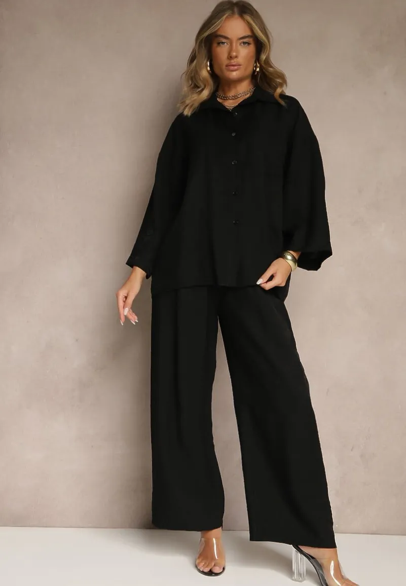 Czarny Wiskozowy Komplet Oversize Koszula i Spodnie Wide Leg Zierana