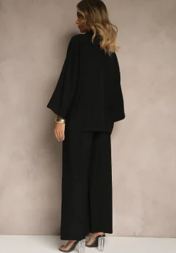 Czarny Wiskozowy Komplet Oversize Koszula i Spodnie Wide Leg Zierana