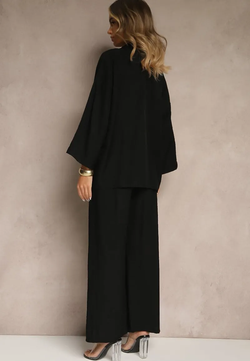Czarny Wiskozowy Komplet Oversize Koszula i Spodnie Wide Leg Zierana