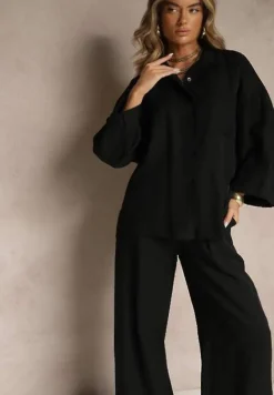 Czarny Wiskozowy Komplet Oversize Koszula i Spodnie Wide Leg Zierana
