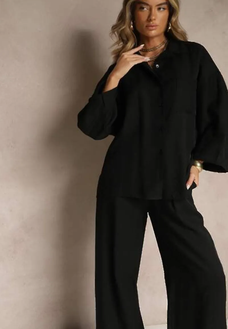 Czarny Wiskozowy Komplet Oversize Koszula i Spodnie Wide Leg Zierana