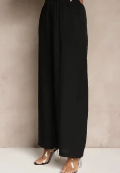 Czarny Wiskozowy Komplet Oversize Koszula i Spodnie Wide Leg Zierana